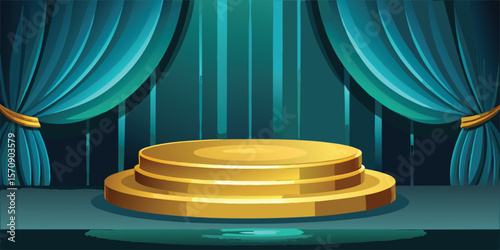 Golden circular podium stage teal curtains golden podium