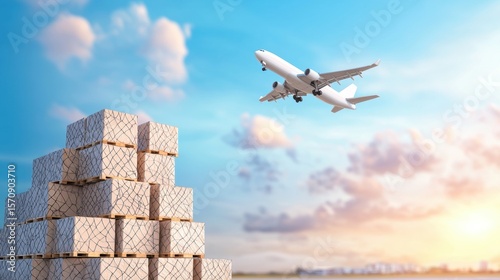logistic Air Freight Cargo plane taking off with a full load, airport runway in the background