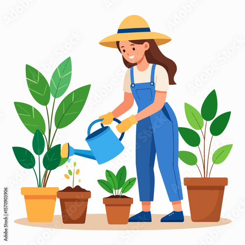 Illustration of a young woman wearing a hat and overalls, lovingly watering potted plants, symbolizing gardening, care, growth, and a connection with nature in a bright, cheerful setting.