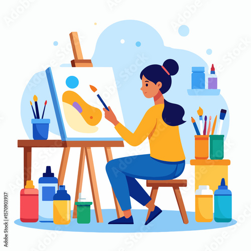 Vector illustration of a young woman painting an abstract picture on an easel in her colorful studio, depicting creativity, art, and artistic expression.