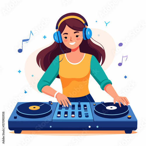 Cartoon illustration of a cheerful young woman DJing with headphones and a turntable, surrounded by musical notes and shapes.