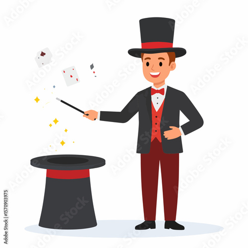 A cartoon magician in a suit performs a magic trick with a wand, hat, and cards, perfect for children's illustrations or educational content.