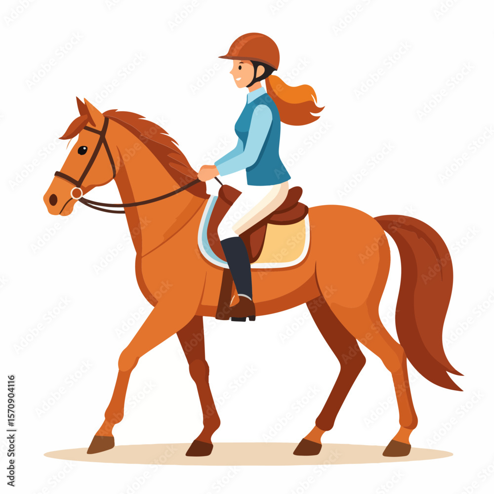 An illustration of a female equestrian rider with blonde hair, wearing riding gear, sitting astride a chestnut-colored horse, isolated on a white background. An illustration of a female equestrian rider with blonde hair, wearing riding gear, sitting astride a chestnut-colored horse, isolated on a white background.