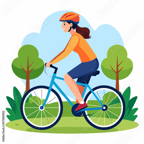 Cartoon woman riding a bicycle in a park with trees, blue sky, and greenery, representing a healthy lifestyle and outdoor activity, and leisure.