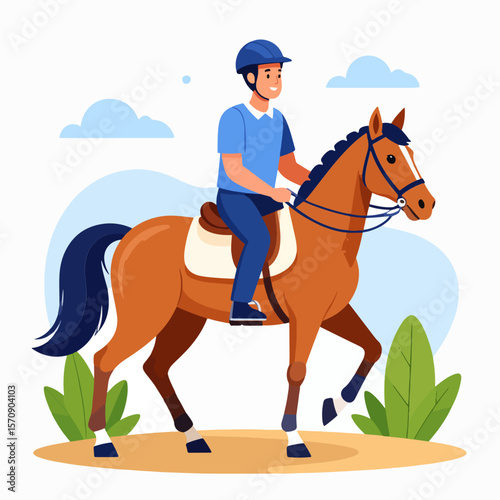 A happy young man riding a brown horse in an outdoor setting with a blue sky and white clouds, in a flat, modern vector cartoon illustration style.