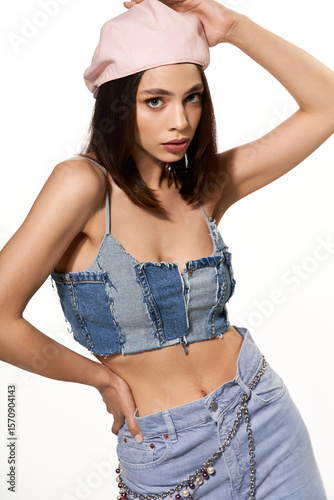 Stylish woman showcases vibrant fashion in casual studio setting with playful attitude