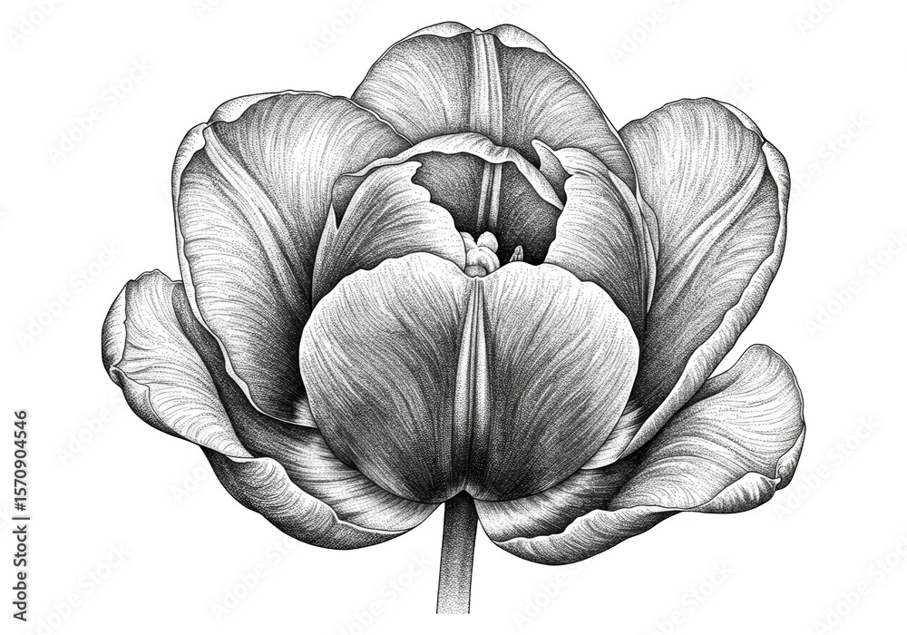 Fototapeta premium Detailed Stippling Art Rendering of a Single Blooming Tulip Flower in Black and White