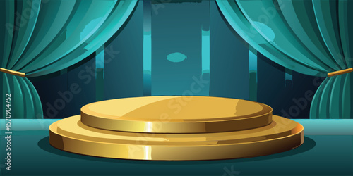 Golden podium stage with teal curtains award presentation
