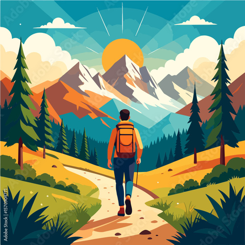 Backpacker walking along a trail towards the majestic mountains at sunrise in colorful vector style illustration.