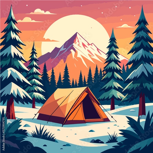 Serene winter camping scene depicting a tent nestled amongst snow-covered pine trees with a majestic mountain backdrop under a warm, vibrant sunset sky.