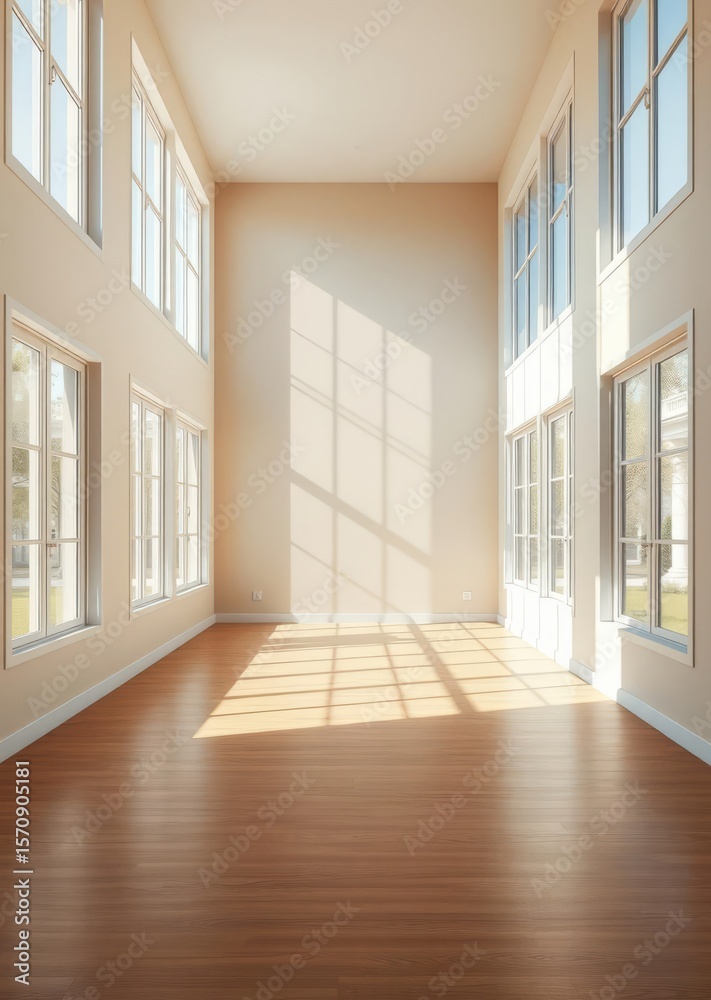 Fototapeta premium A sunlit empty room with large windows wooden floors and beige walls ideal for real estate interior design or home renovation themes Empty room interior design architecture blank design room