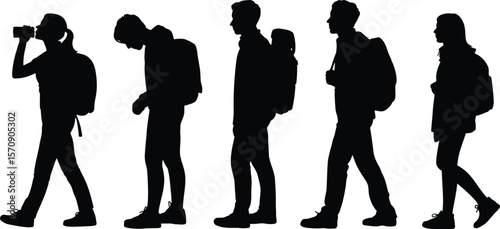 Diverse group of people with backpacks walking and taking photos on white background
