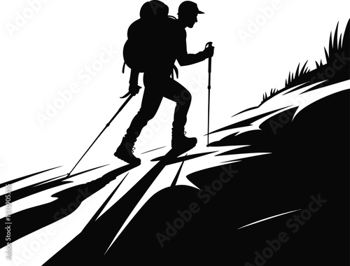 Silhouette of a hiker with a backpack and poles climbing a steep mountain slope
