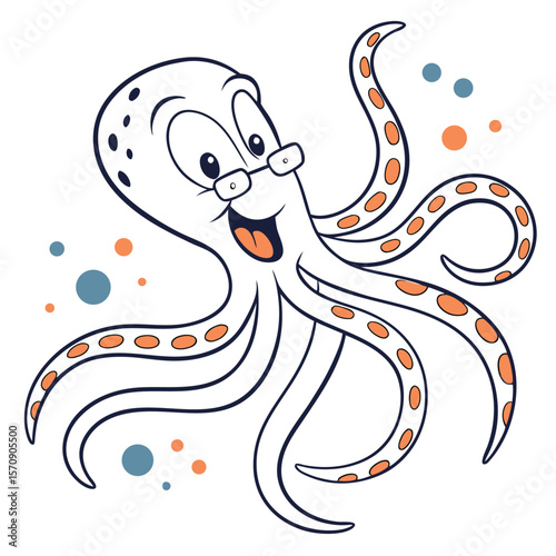 A cheerful cartoon octopus wearing glasses is joyfully floating around colorful polka dots