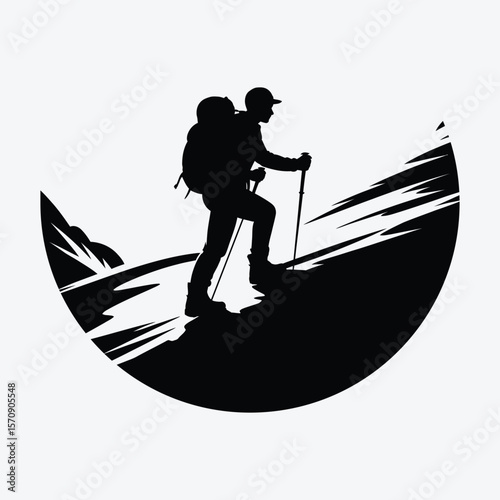Silhouette of a hiker with a backpack and trekking poles climbing a mountain