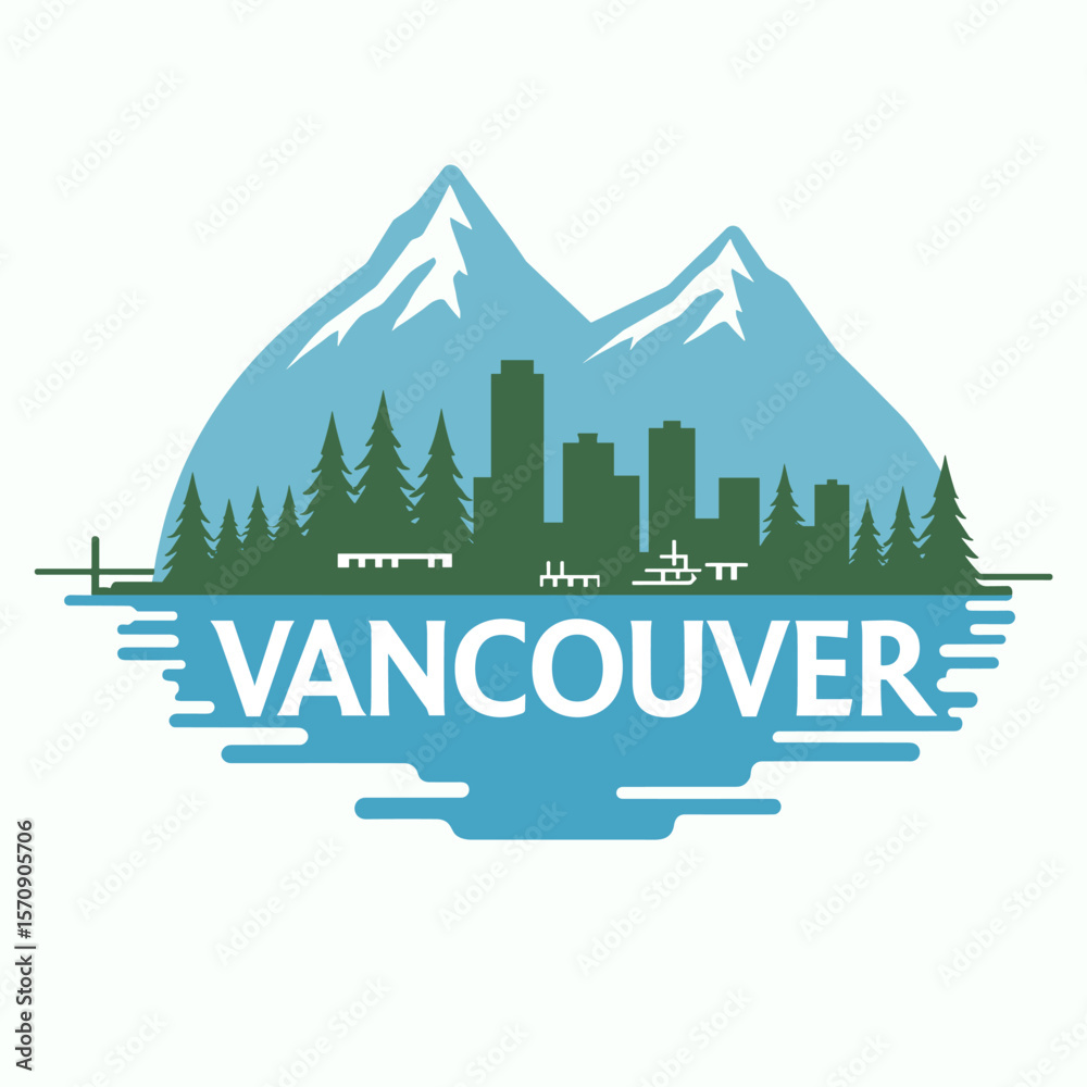 custom made wallpaper toronto digitalVector logo of Vancouver featuring mountain backdrop, trees, city skyline and lake. Clean, modern design ideal for travel branding and editorial graphics