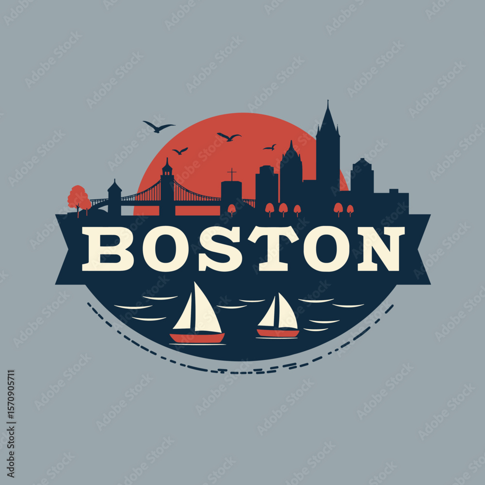custom made wallpaper toronto digitalVintage vector illustration of Boston skyline with boats, bridge, and sun. Retro cityscape design for travel or editorial use