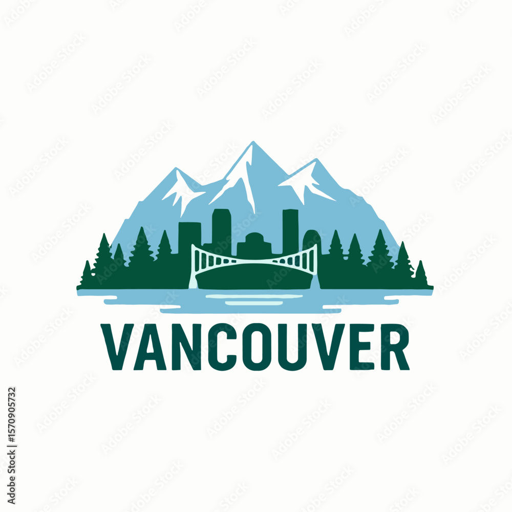 Naklejka premium Modern vector logo of Vancouver with iconic bridge, mountain range, pine trees and skyline. Clean layout for travel, editorial or tourism designs
