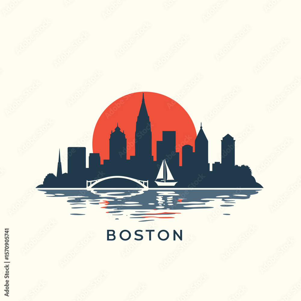 custom made wallpaper toronto digitalMinimal Boston skyline silhouette with bridge, sailboat, and reflection on water during sunset
