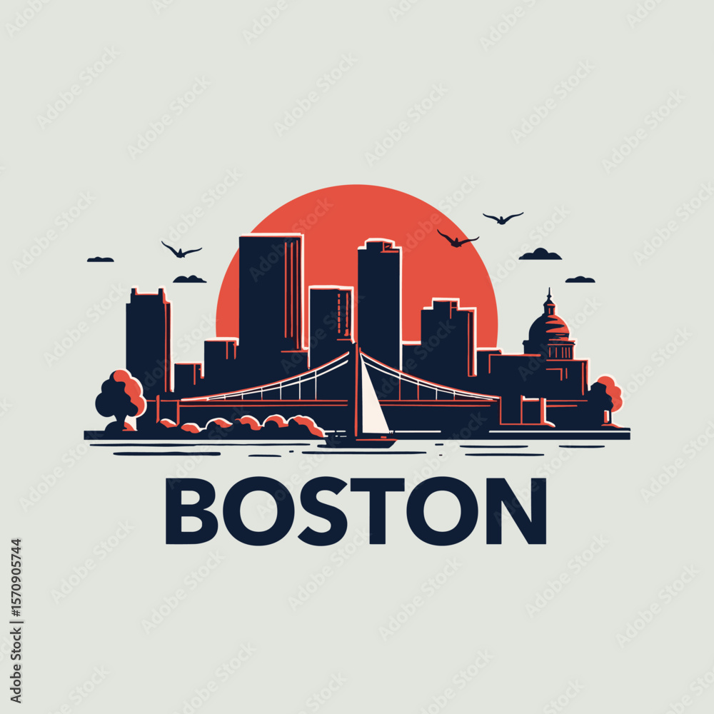 custom made wallpaper toronto digitalBoston city skyline illustration with bridge, sailboat, and red sun in the background, birds flying above