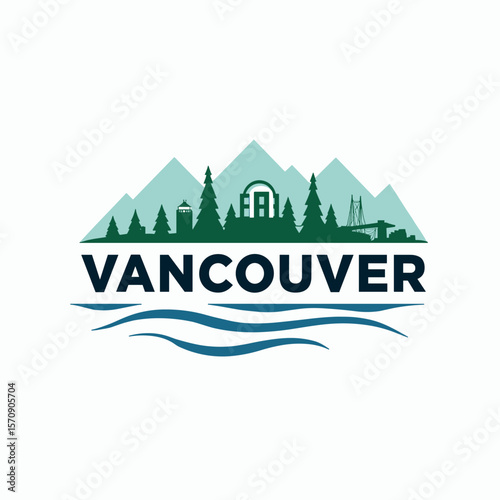 Vector logo of Vancouver with mountains, pine trees, city elements, and water waves. Modern and clean travel design