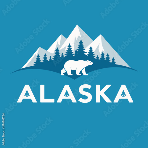 Minimalist vector logo of Alaska with polar bear, mountain range, pine trees and blue background. Clean and bold design for travel or adventure themes