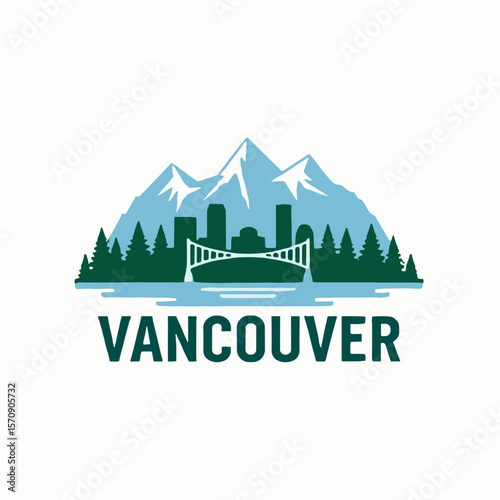 Modern vector logo of Vancouver with iconic bridge, mountain range, pine trees and skyline. Clean layout for travel, editorial or tourism designs