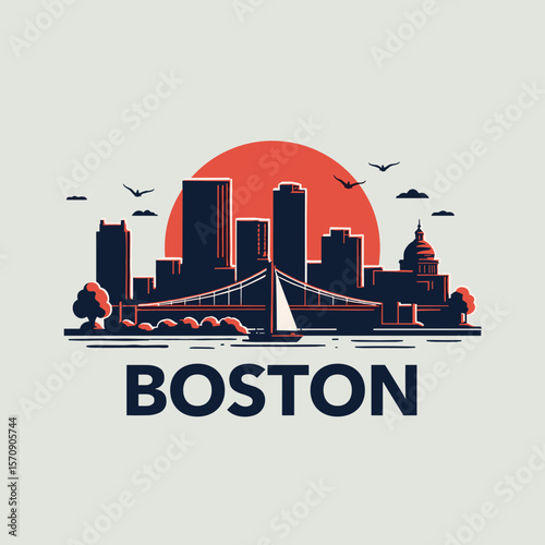 Boston city skyline illustration with bridge, sailboat, and red sun in the background, birds flying above
