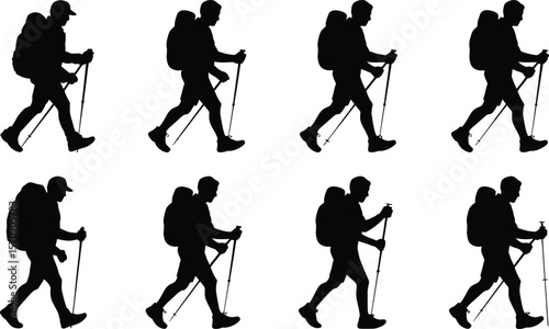 Silhouette of a hiker with backpack and poles walking against white background