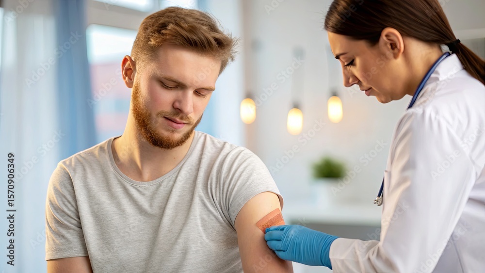Obraz premium Female doctor applying an adhesive bandage to a young man's upper arm after a vaccination or injection.