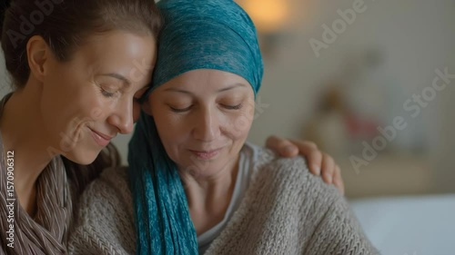 A woman gently embraces and supports a cancer patient wearing a headscarf, sharing a moment of comfort, empathy, and emotional connection in a calm setting.