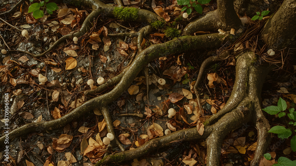 Obraz premium Roots and Mushrooms in Forest, Woodland Ground Texture, Autumn Forest Floor