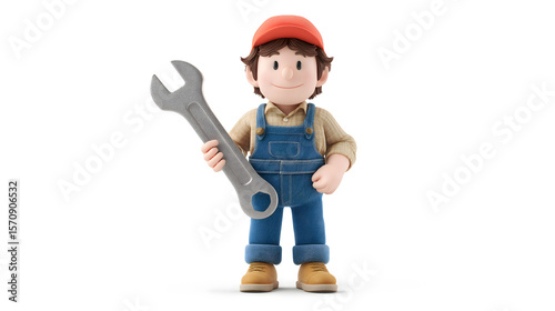 3D mechanic character with wrench and gear – maintenance and repair concept