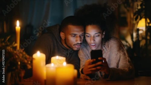 Young couple using cellphone during power outage