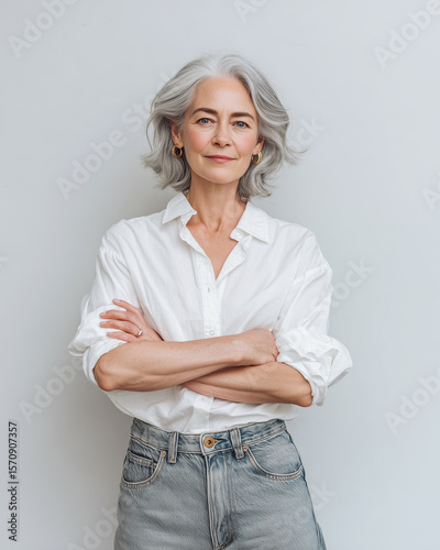 mature woman with gray hair and soft wrinkles, wearing classic blue jeans and a white shirt