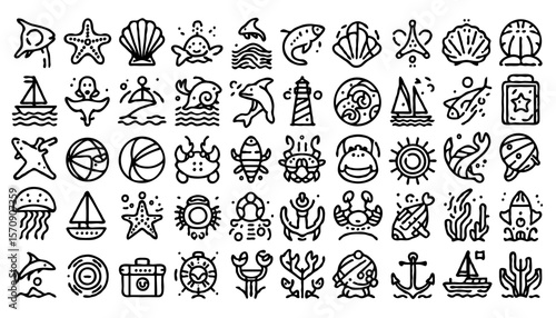 minimalist line art icons themed around the sea and ocean life