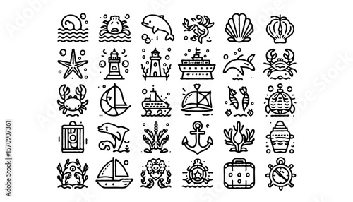 minimalist line art icons themed around the sea and ocean life