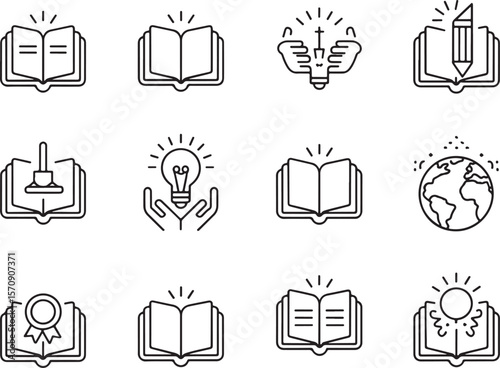 Illustrative Icon Set Representing Knowledge, Learning and Discovery with Books, Lightbulbs and Earth, a Symbolism of Educational Concepts
