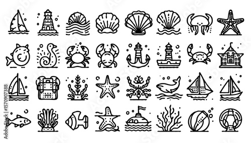 minimalist line art icons themed around the sea and ocean life