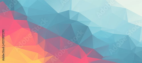 Abstract low-poly background, vibrant blend of warm and cool tones, transitioning smoothly from coral pinks and yellows to serene blues and teals. Vector geometric pattern. Modern dynamic background f