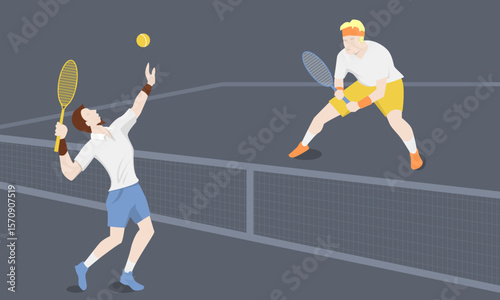 Flat vector illustration of two tennis players in action on a court. One serves the ball, while the opponent waits in a defensive stance. Competitive sports scene.