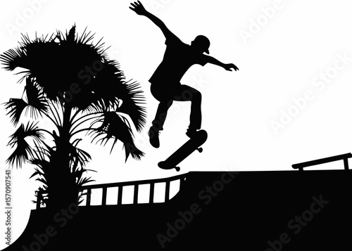 A  Silhouette of a Skateboarder Performing an Aerial Trick on a Half-Pipe Beside a Palm Tree, Celebrating Youth Culture, Athletic Expression, and the Thrill of Skateboarding Against a Sunset Cityscape