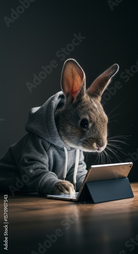 Cute Bunny in Hoodie Using Tablet Computer