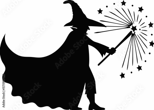 A Wizard Cloaked in Shadows Conjures Sparkling Magic with a Wand, Embodying the Fantastical World of Enchantment, Ancient Wisdom, and Arcane Energy from the Realms of Imagination and Myth