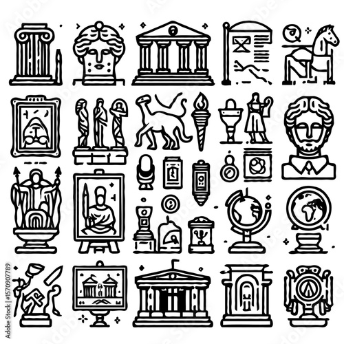 minimalist line art icons themed around museums, art history, and cultural heritage