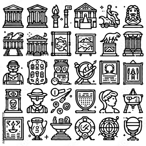 minimalist line art icons themed around museums, art history, and cultural heritage