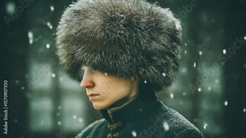 Young man in fur hat in falling snow