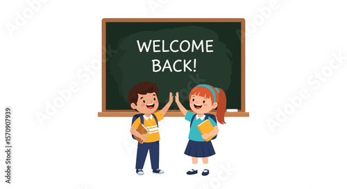 Welcome back to school illustration with students and chalkboard design for education and learning 100