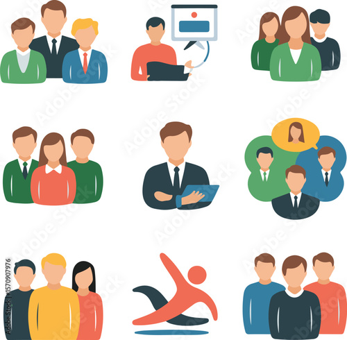 Flat Icons Representing Diverse Business and Social Interactions