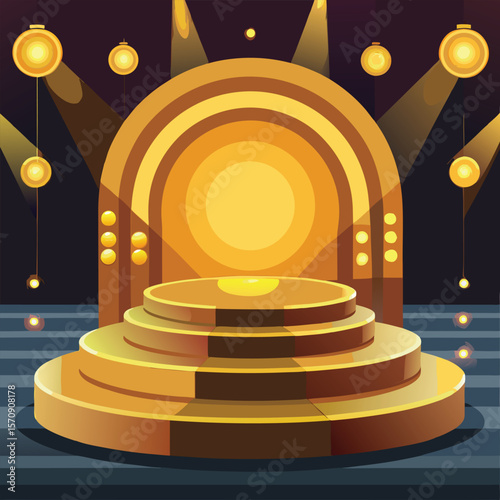 Golden tiered stage with spotlights and hanging lights